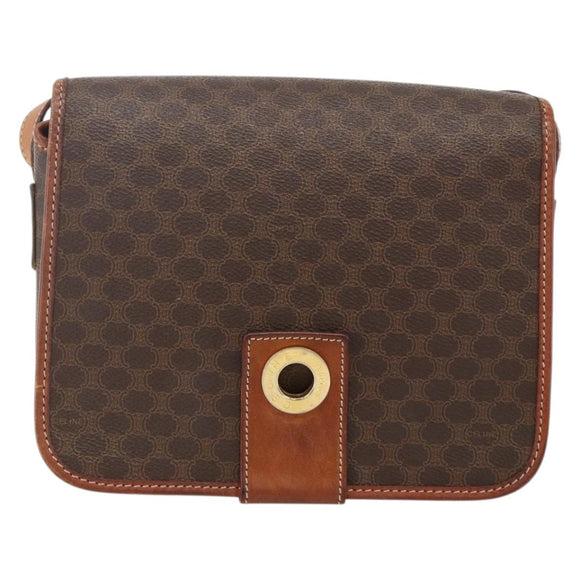 CELINE Macadam Canvas Circle Shoulder Bag PVC Leather Brown Gold Auth YKZ1545A