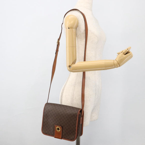 CELINE Macadam Canvas Circle Shoulder Bag PVC Leather Brown Gold Auth YKZ1545A