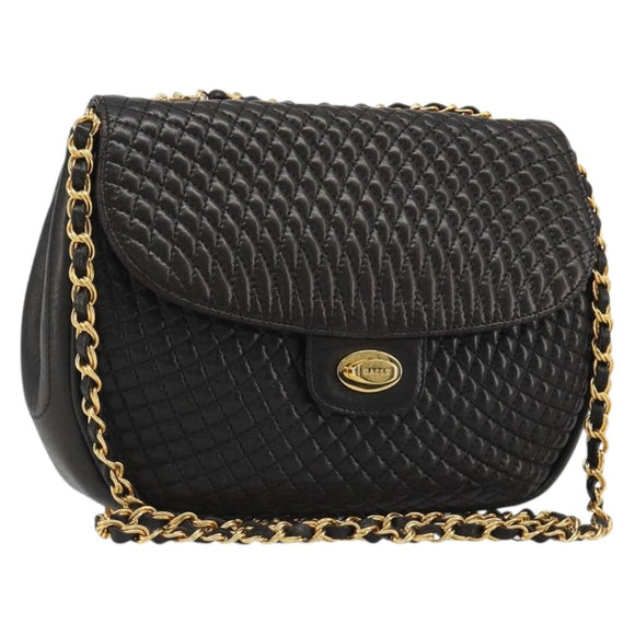 BALLY Kette Umhängetasche Leder Schwarz Gold Auth YKZ154A
