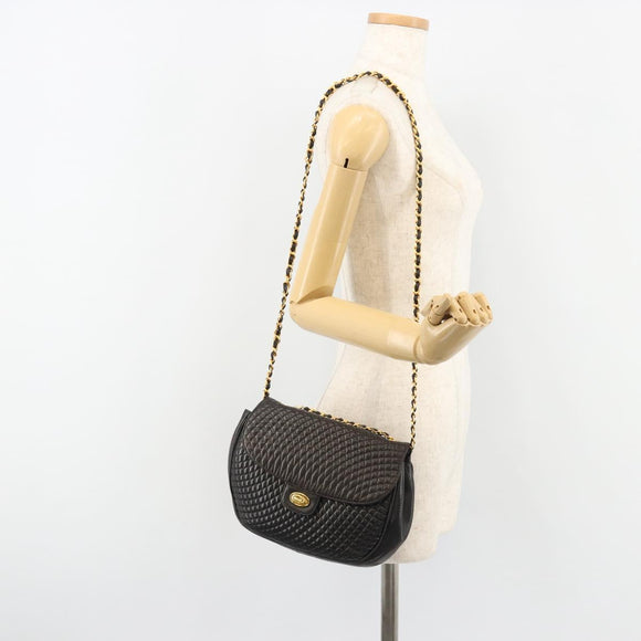 BALLY Kette Umhängetasche Leder Schwarz Gold Auth YKZ154A