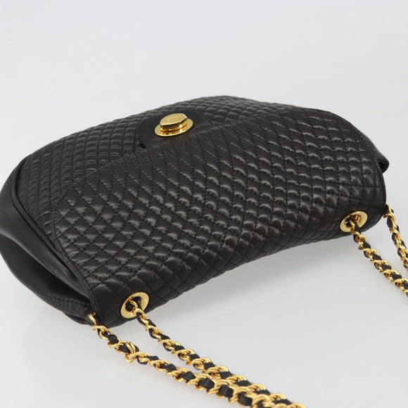 BALLY Kette Umhängetasche Leder Schwarz Gold Auth YKZ154A