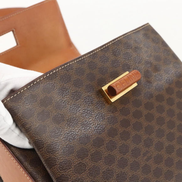 CELINE Macadam Canvas Handtasche PVC Leder 2-Wege Braun Gold Auth YKZ1558A