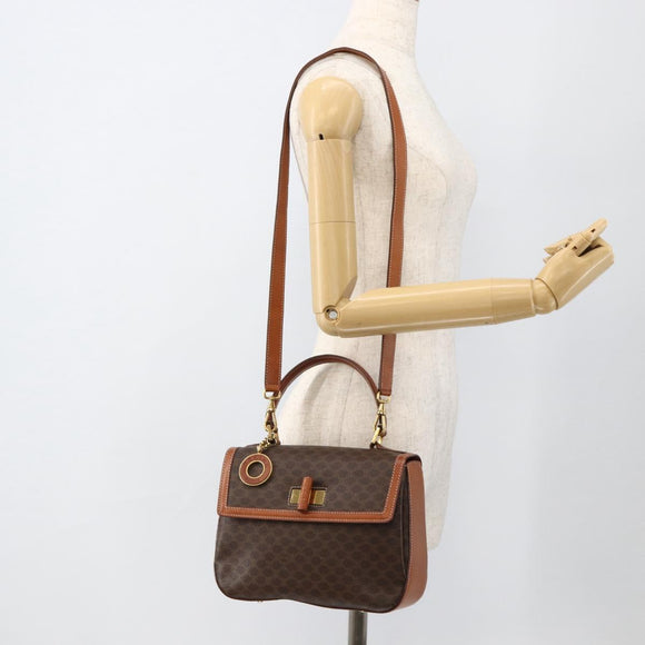 CELINE Macadam Canvas Handtasche PVC Leder 2-Wege Braun Gold Auth YKZ1558A