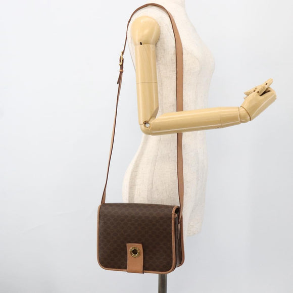 CELINE Macadam Canvas Circle Shoulder Bag PVC Leather Brown Gold Auth YKZ1561A