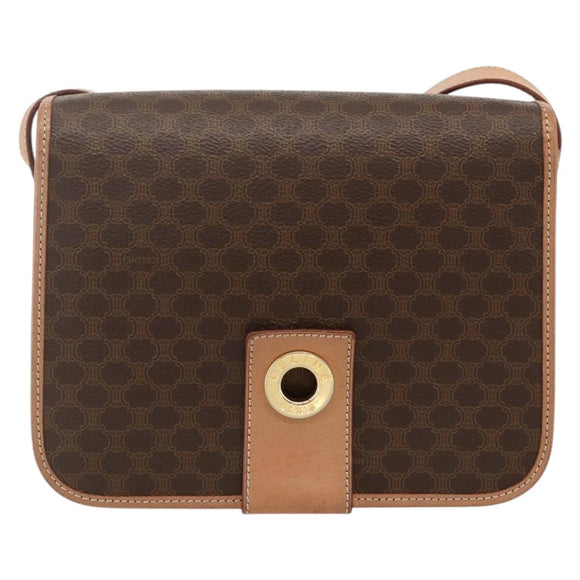 CELINE Macadam Canvas Circle Shoulder Bag PVC Leather Brown Gold Auth YKZ1561A