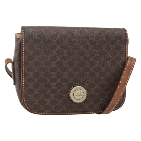 CELINE Macadam Canvas Horse Carriage Bag PVC Leather Brown Gold Auth YKZ1563