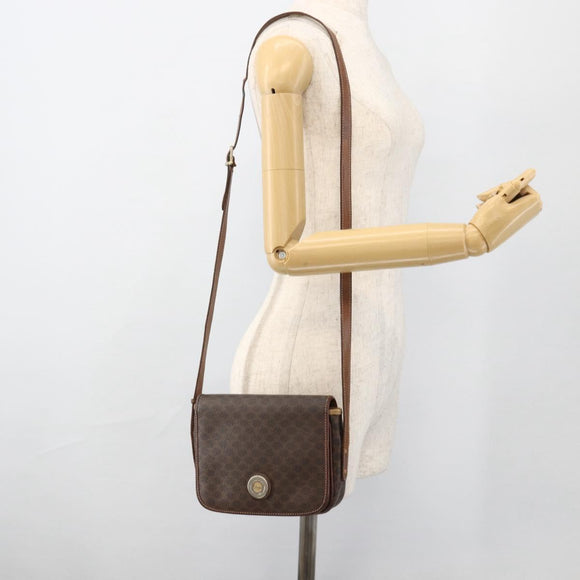 CELINE Macadam Canvas Horse Carriage Bag PVC Leather Brown Gold Auth YKZ1563