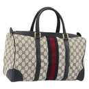 GUCCI GG Supreme Sherry Line Boston Bag PVC Navy Gold Red Auth YKZ1594-1