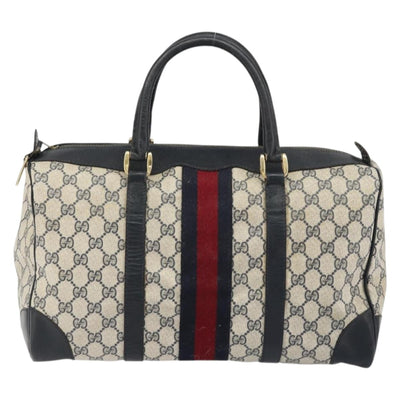 GUCCI GG Supreme Sherry Line Boston Bag PVC Navy Gold Red Auth YKZ1594 - 0