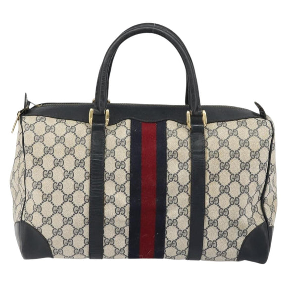 GUCCI GG Supreme Sherry Line Boston Bag PVC Navy Gold Red Auth YKZ1594