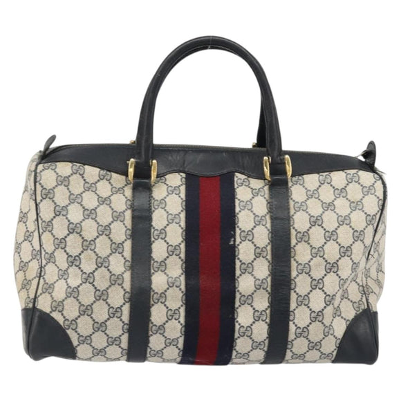 GUCCI GG Supreme Sherry Line Boston Bag PVC Navy Gold Red Auth YKZ1594