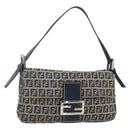 FENDI Zucchino Canvas Mamma Baguette Shoulder Bag Navy Silver Auth YKZ1598-1