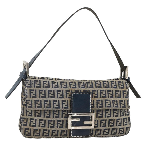 FENDI Zucchino Canvas Mamma Baguette Shoulder Bag Navy Silver Auth YKZ1598