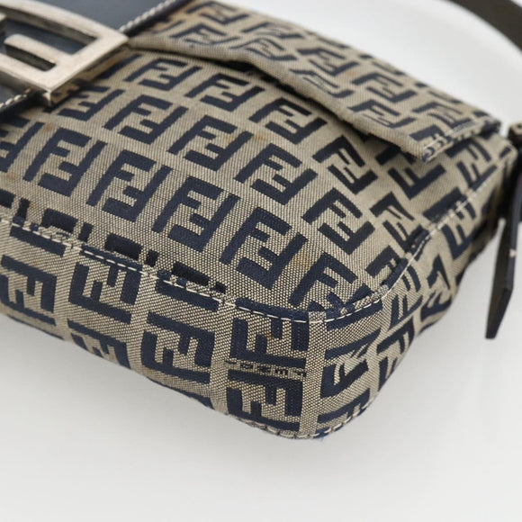 FENDI Zucchino Canvas Mamma Baguette Shoulder Bag Navy Silver Auth YKZ1598