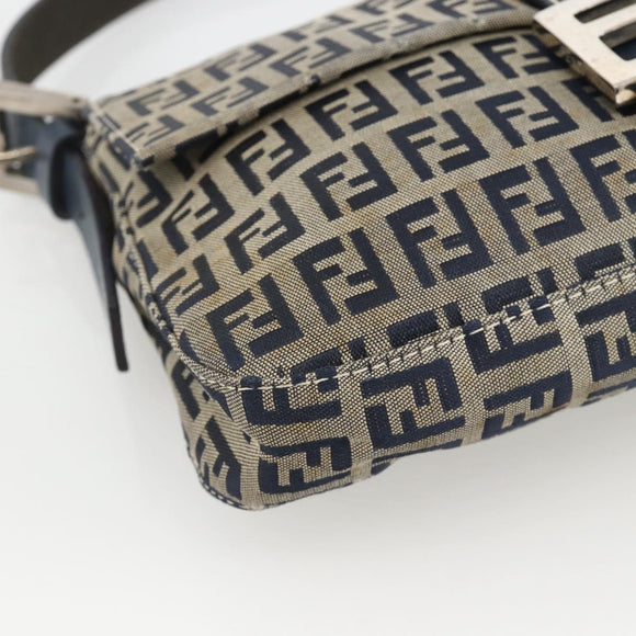 FENDI Zucchino Canvas Mamma Baguette Shoulder Bag Navy Silver Auth YKZ1598