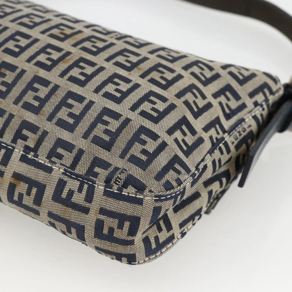 FENDI Zucchino Canvas Mamma Baguette Shoulder Bag Navy Silver Auth YKZ1598