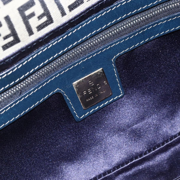 FENDI Zucchino Canvas Mamma Baguette Shoulder Bag Navy Silver Auth YKZ1598
