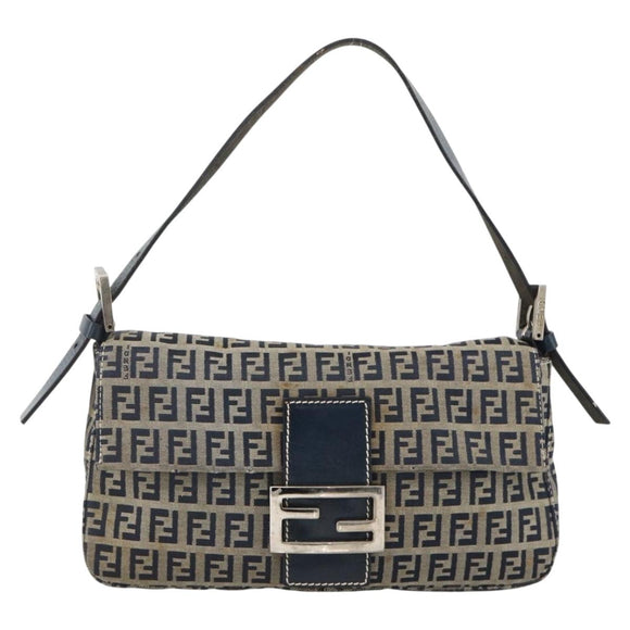 FENDI Zucchino Canvas Mamma Baguette Shoulder Bag Navy Silver Auth YKZ1598