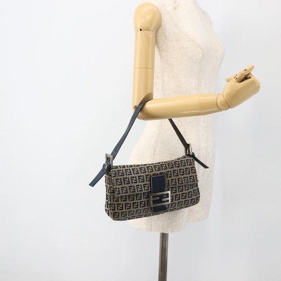 FENDI Zucchino Canvas Mamma Baguette Shoulder Bag Navy Silver Auth YKZ1598