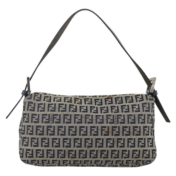 FENDI Zucchino Canvas Mamma Baguette Shoulder Bag Navy Silver Auth YKZ1598