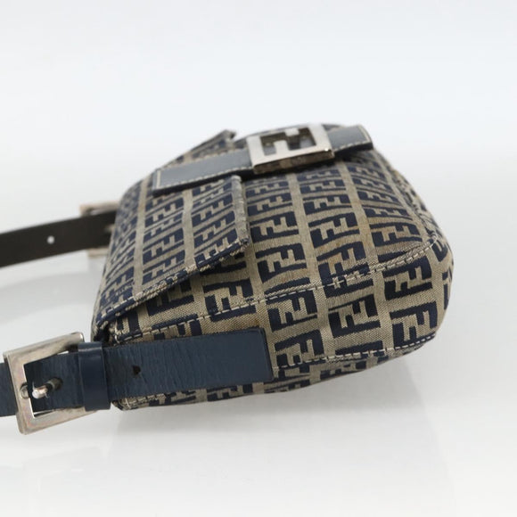 FENDI Zucchino Canvas Mamma Baguette Shoulder Bag Navy Silver Auth YKZ1598