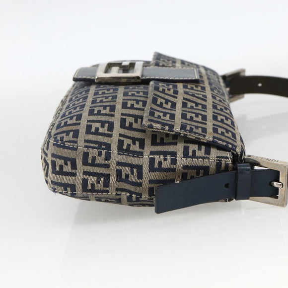 FENDI Zucchino Canvas Mamma Baguette Shoulder Bag Navy Silver Auth YKZ1598