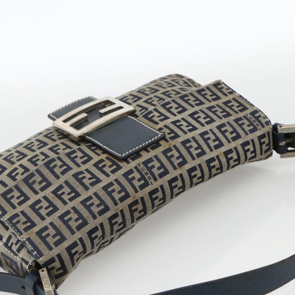 FENDI Zucchino Canvas Mamma Baguette Shoulder Bag Navy Silver Auth YKZ1598