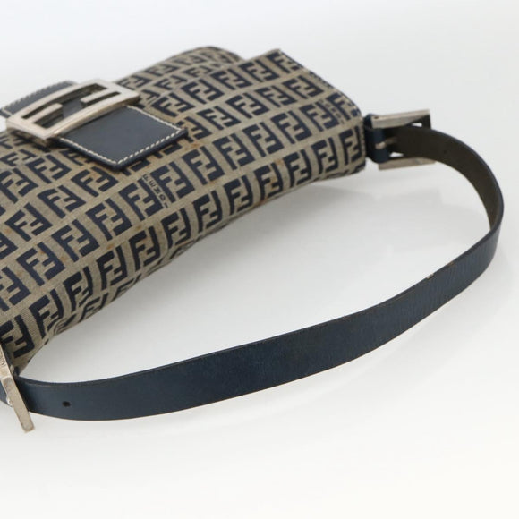 FENDI Zucchino Canvas Mamma Baguette Shoulder Bag Navy Silver Auth YKZ1598