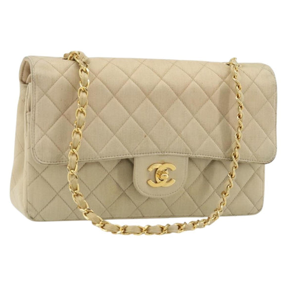 CHANEL Double Flap Double Chain Matelasse 25 Bag Satin Beige CC Auth YKZ1601SAV