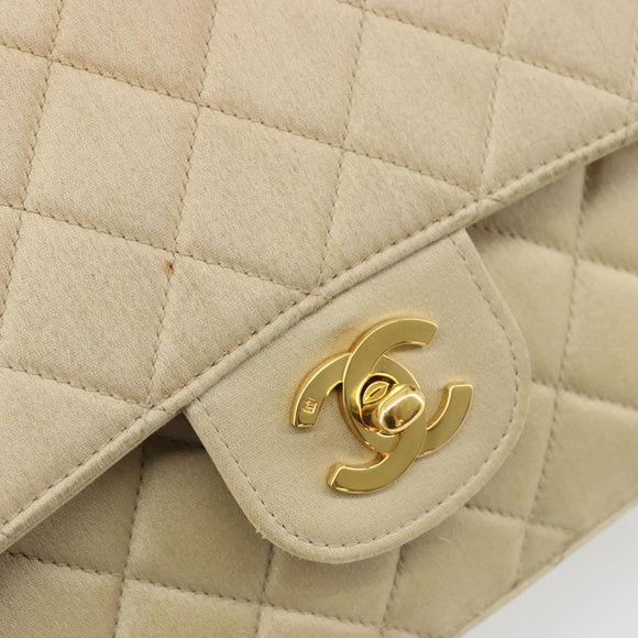 CHANEL Double Flap Double Chain Matelasse 25 Bag Satin Beige CC Auth YKZ1601SAV