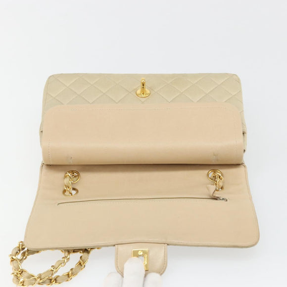 CHANEL Double Flap Double Chain Matelasse 25 Bag Satin Beige CC Auth YKZ1601SAV