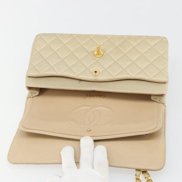 CHANEL Double Flap Double Chain Matelasse 25 Bag Satin Beige CC Auth YKZ1601SAV