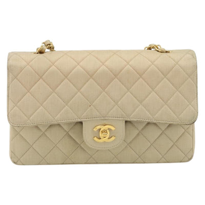 CHANEL Double Flap Double Chain Matelasse 25 Bag Satin Beige CC Auth YKZ1601SAV - 0