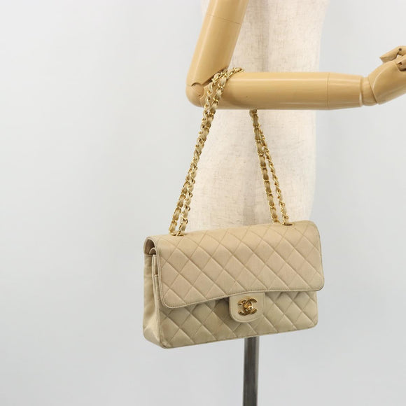 CHANEL Double Flap Double Chain Matelasse 25 Bag Satin Beige CC Auth YKZ1601SAV