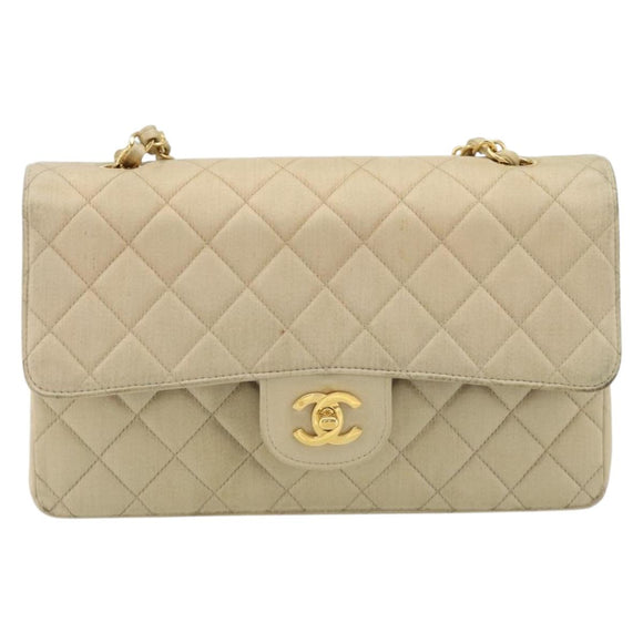CHANEL Double Flap Double Chain Matelasse 25 Tasche Satin Beige CC Auth YKZ1601SAV