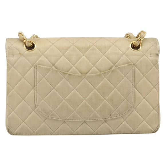 CHANEL Double Flap Double Chain Matelasse 25 Bag Satin Beige CC Auth YKZ1601SAV