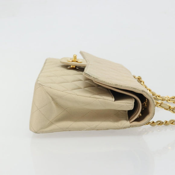 CHANEL Double Flap Double Chain Matelasse 25 Bag Satin Beige CC Auth YKZ1601SAV