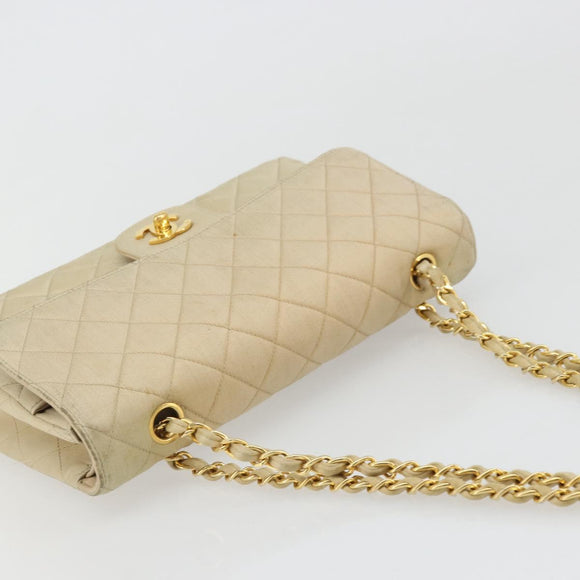 CHANEL Double Flap Double Chain Matelasse 25 Bag Satin Beige CC Auth YKZ1601SAV