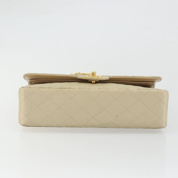 CHANEL Double Flap Double Chain Matelasse 25 Bag Satin Beige CC Auth YKZ1601SAV