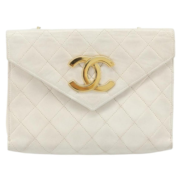 CHANEL Matelasse Chain Shoulder Bag Lamb Skin White Gold CC Auth YKZ1616