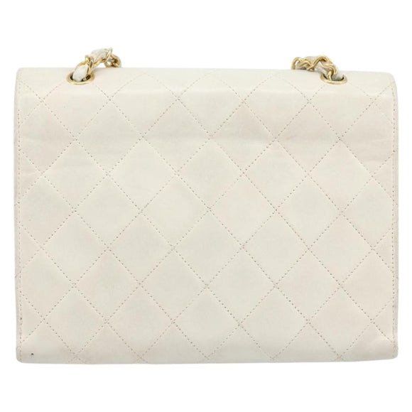 CHANEL Matelasse Chain Shoulder Bag Lamb Skin White Gold CC Auth YKZ1616