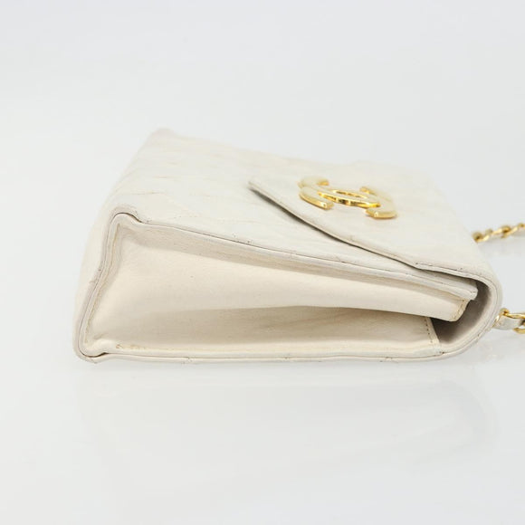 CHANEL Matelasse Chain Shoulder Bag Lamb Skin White Gold CC Auth YKZ1616