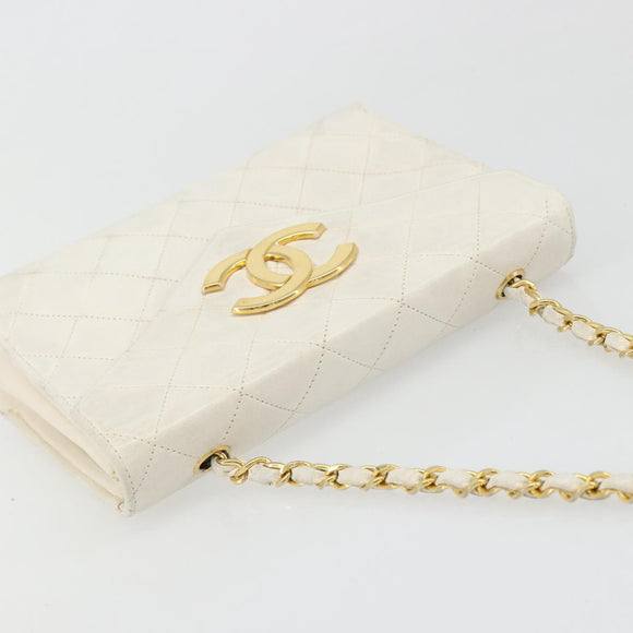 CHANEL Matelasse Chain Shoulder Bag Lamb Skin White Gold CC Auth YKZ1616