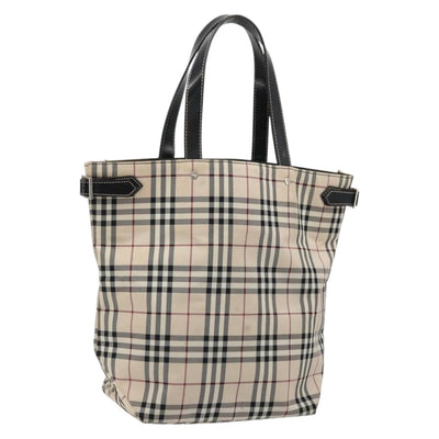 BURBERRY Nova Check Blue Label Tote Bag Nylon Beige Silver Auth YKZ1620