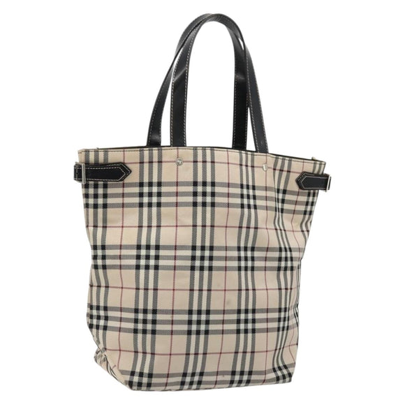 BURBERRY Nova Check Blue Label Tote Bag Nylon Beige Silver Auth YKZ1620