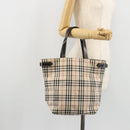 BURBERRY Nova Check Blue Label Tote Bag Nylon Beige Silver Auth YKZ1620-22