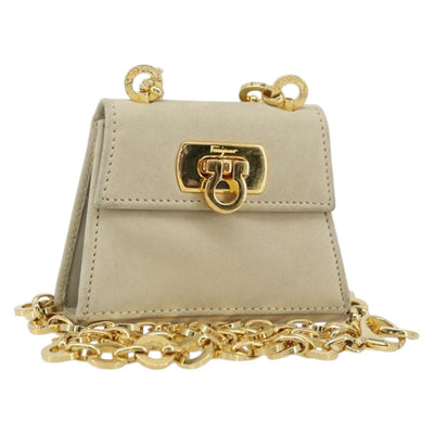 Salvatore Ferragamo Gancini Chain Pouch Bag Suede Beige Gold Auth YKZ1630