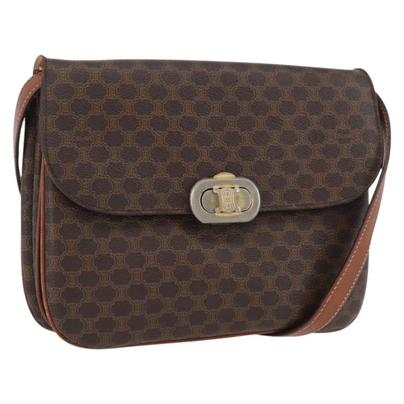CELINE Macadam Canvas Shoulder Bag PVC Leather Brown Gold Auth YKZ167