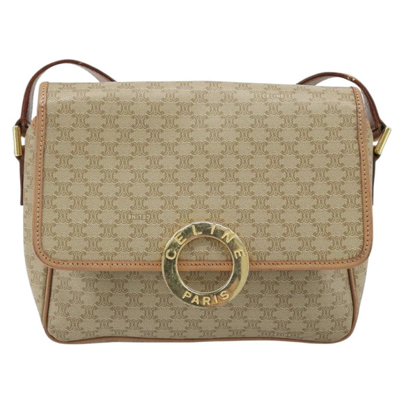 CELINE Macadam Canvas Umhängetasche PVC Beige Gold Auth YKZ185A