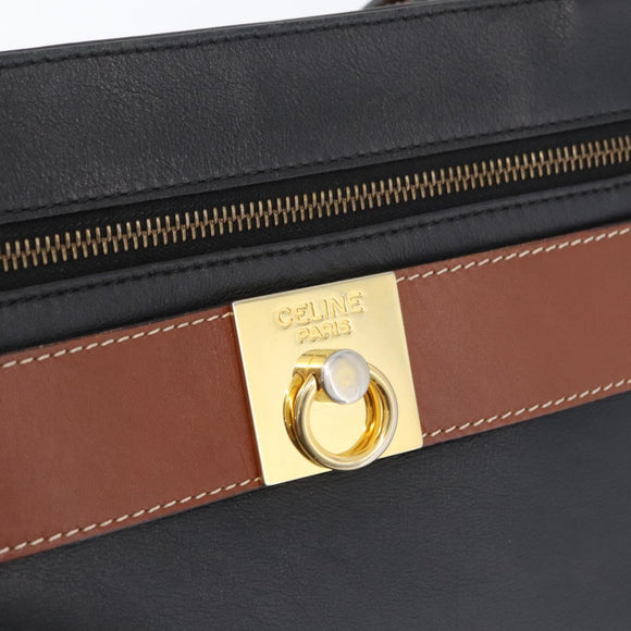 CELINE Tote Bag Leather Black Brown gold Auth YKZ204